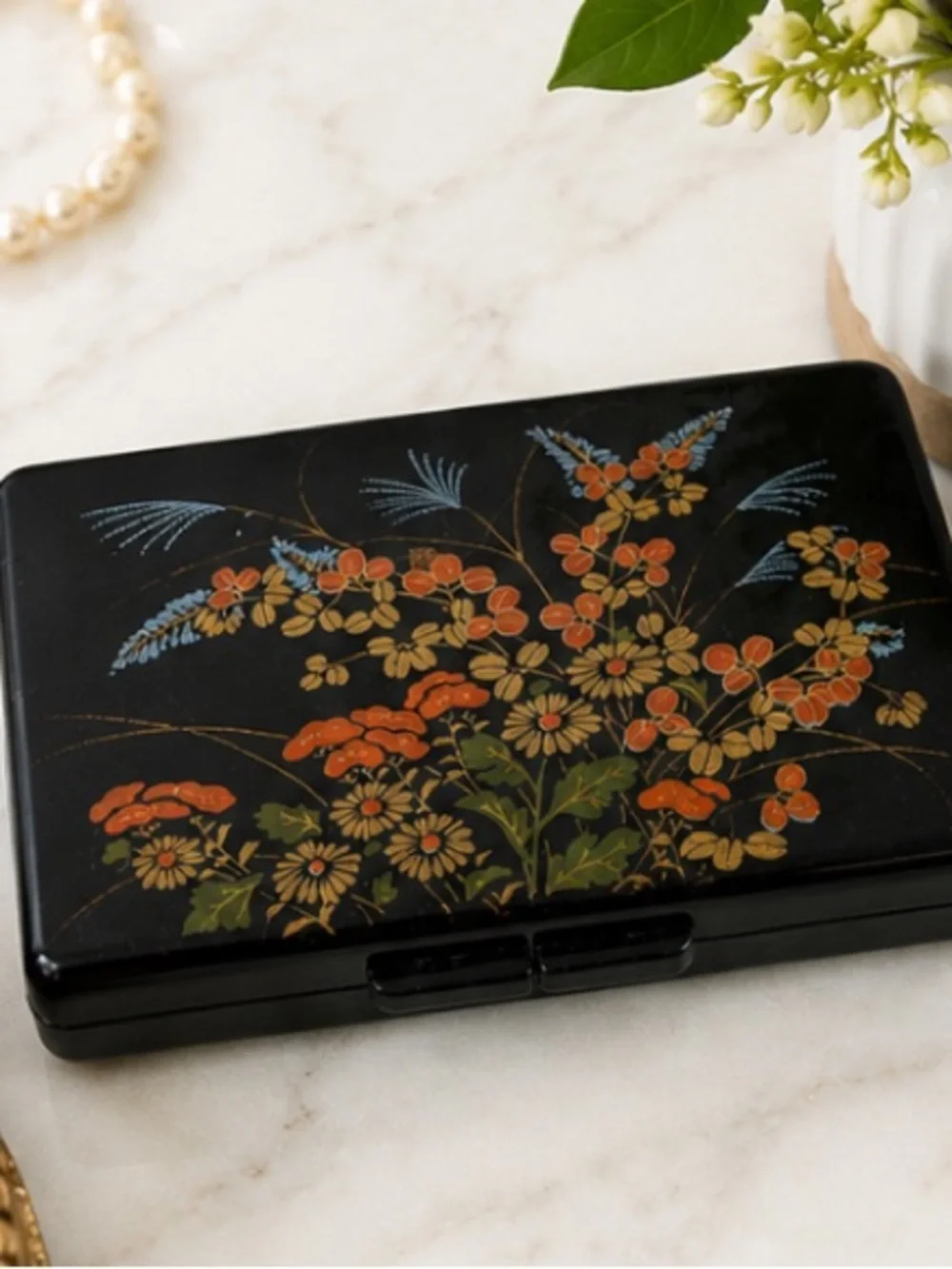 Vintage Hong Kong Black Lacquer Style Floral Jewelry Trinket Box Mirror